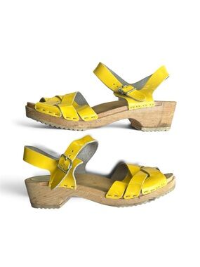 Yellow Leather Ankle-Strap Clog Sandals